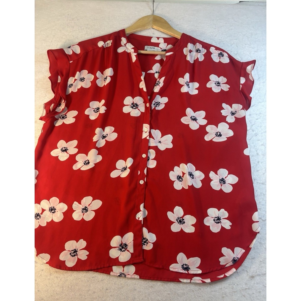 J Crew Ruffle Sleeve Camp Shirt L Red Floral Poppy Button Front Cap Sleeve